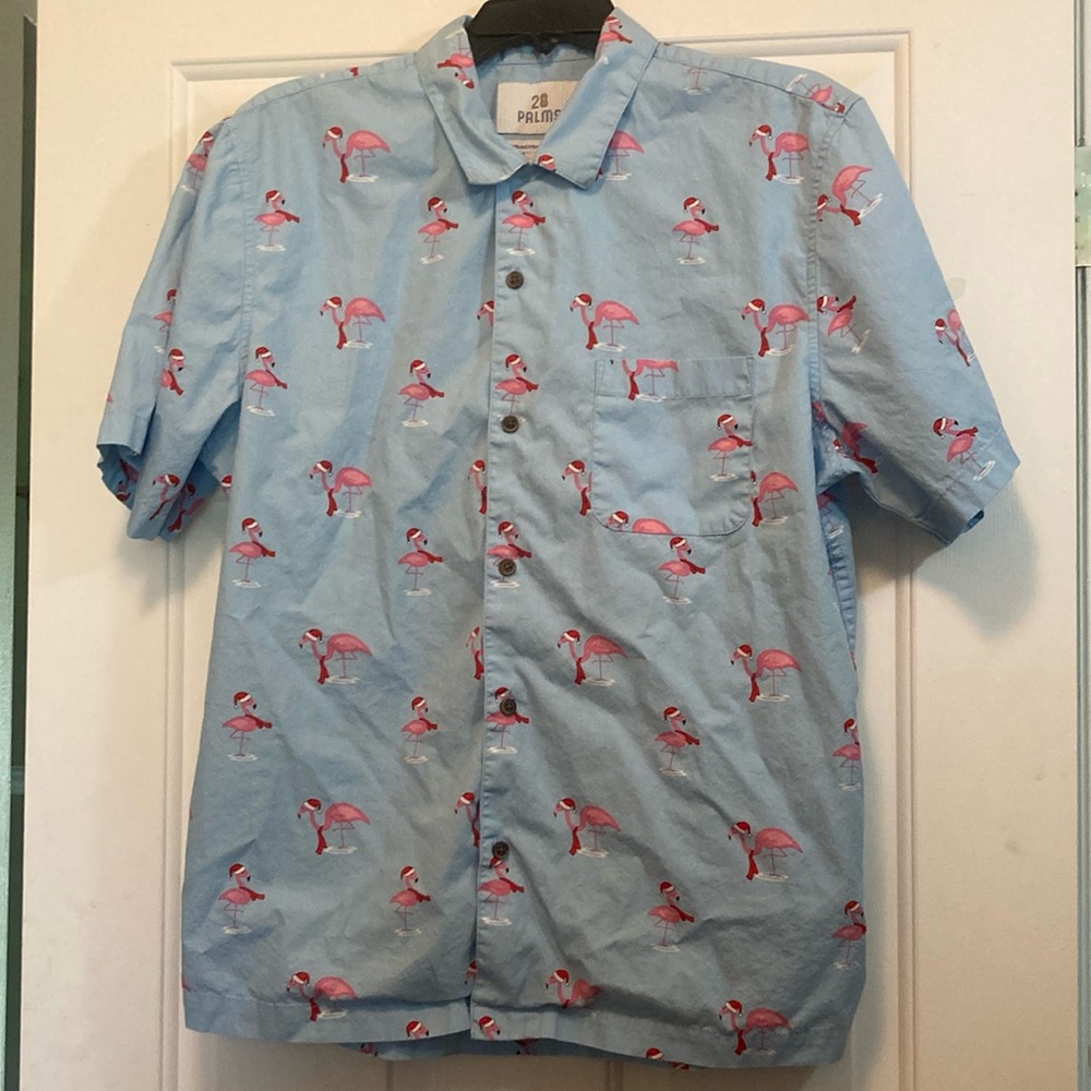Blue and Pink Casual Button Down Shirt with Flamingo Print